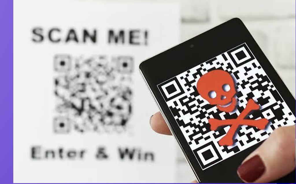Example warning image showing a QR code being scanned with a phone and a danger symbol over the code.